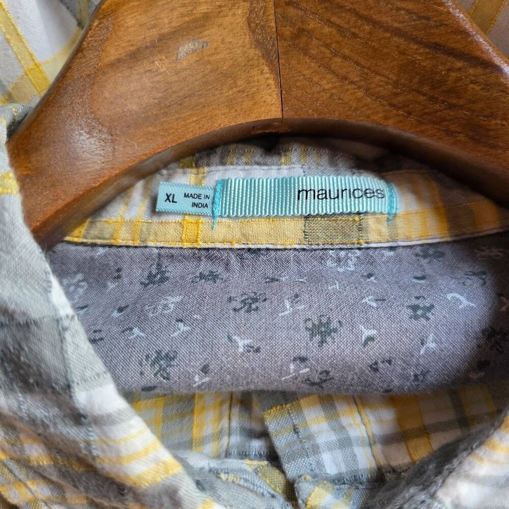 Maurices XL Yellow Gray Plaid Button Front Frayed Hem Shirt - Picture 9 of 11